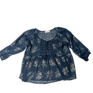 Abercrombie Fitch Navy Floral Sheer Peasant Blouse Top‎ Women's Size L
